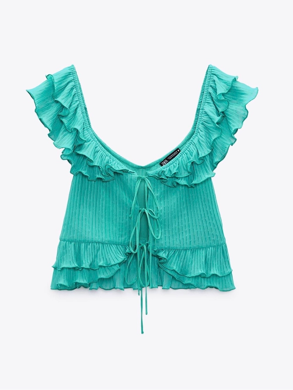 Zara Womens Small Teal Ruffle Crop Top Lace Up Back Sleeveless Boho Y2K